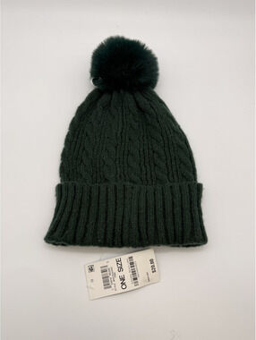Style & Co. Women's Dark Green Cable Knit Beanie with Pom-Po